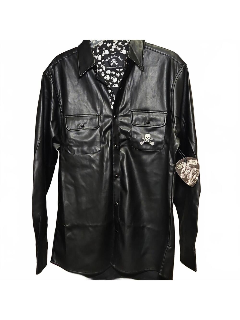 EB - Rock Roll~n~Soul | Black Faux Leather Skull Shirt | L - Picture 1 of 4